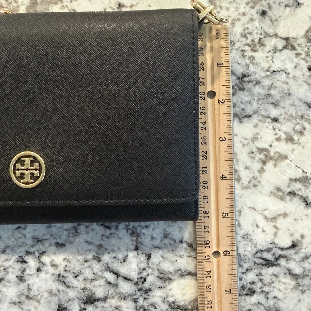 Tory Burch Black Saffiano Robinson or Emerson Gold Chain Bag Wallet Purse